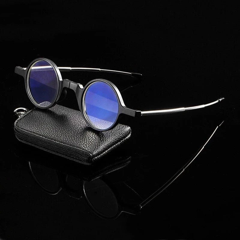 Round Fashion Foldable Reading Glasses Blue Light Blocking Eyeglasses Men with Case 1.0 2.0