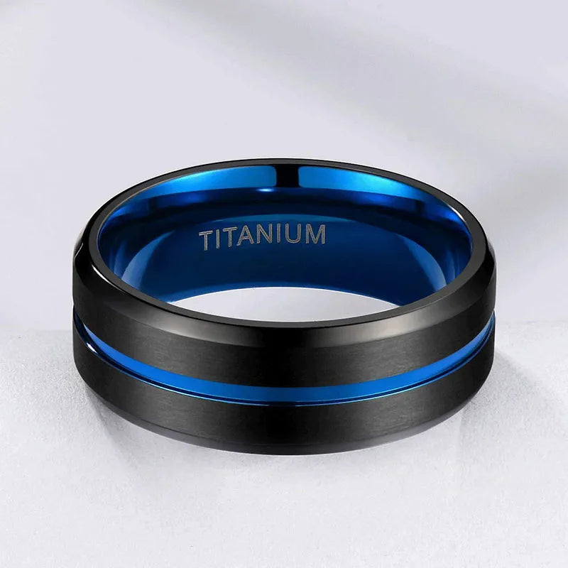 Titanium Ring 6 mm 8 mm 10 mm Blue Center Groove Wedding Ring