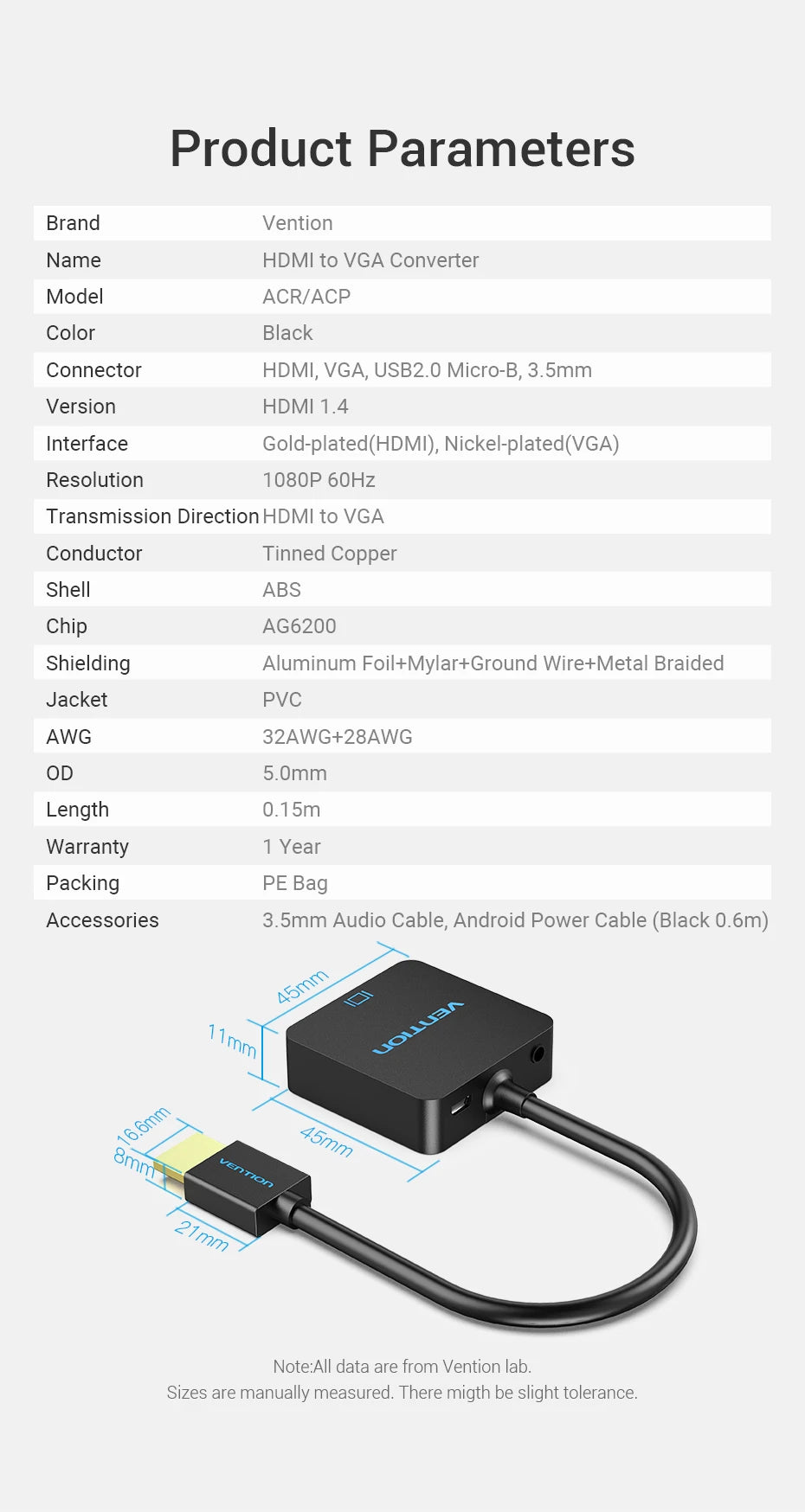 HDMI to VGA Adapter Male to Female Converter 1080P VGA to HDMI With 3.5 Jack Audio Cable for Laptop TV Box HDMI to VGA