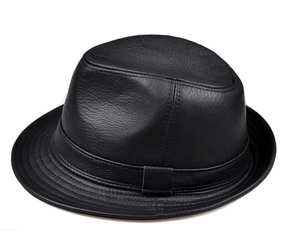 Man High Quality Genuine Leather Jazz Fedora Gentleman Cow Skin Short Brim Top Hat Male Shows Topper