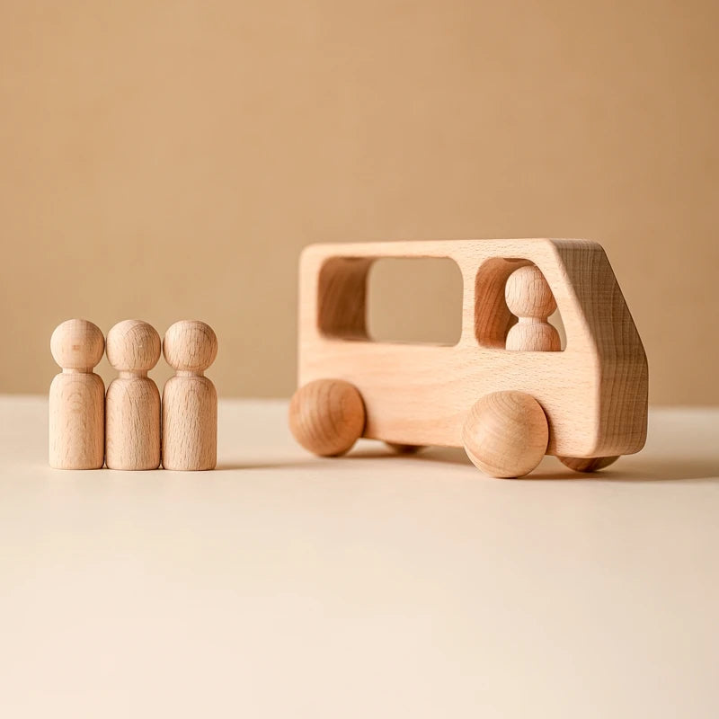 1Set Montessori Wooden Toys for Kids Wooden Peg Dolls Bus Car Children Educational Toys Beech Wood Car Blocks Baby Birthday Gift