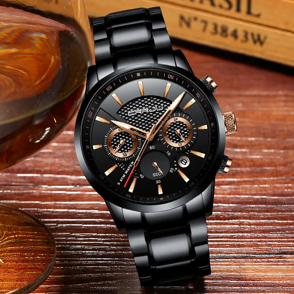 Business Men Watch Fashion Blue Date Chronograph Stianless Steel Wristwatch Mens Casual Waterproof Clock
