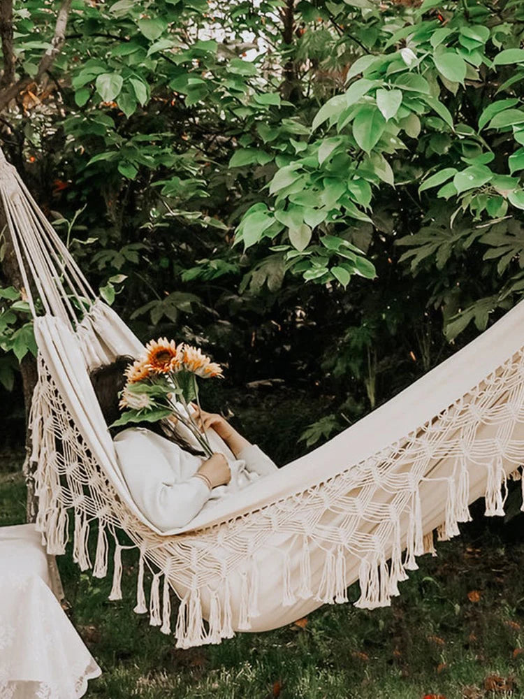 Hammock Boho Style Brazilian Macrame Fringed Deluxe Double Hammock Net Swing Chair Indoor Hanging Swing