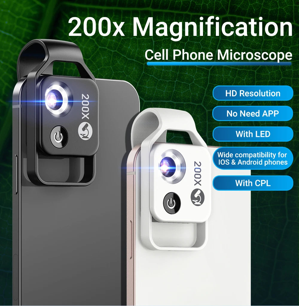 200X Smartphone Microscope Lens with LED Light Universal Clip