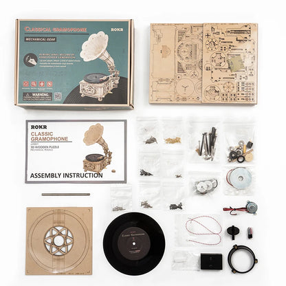 DIY Hand Crank Classic Gramophone Wooden Puzzle Model Building Kits Assembly