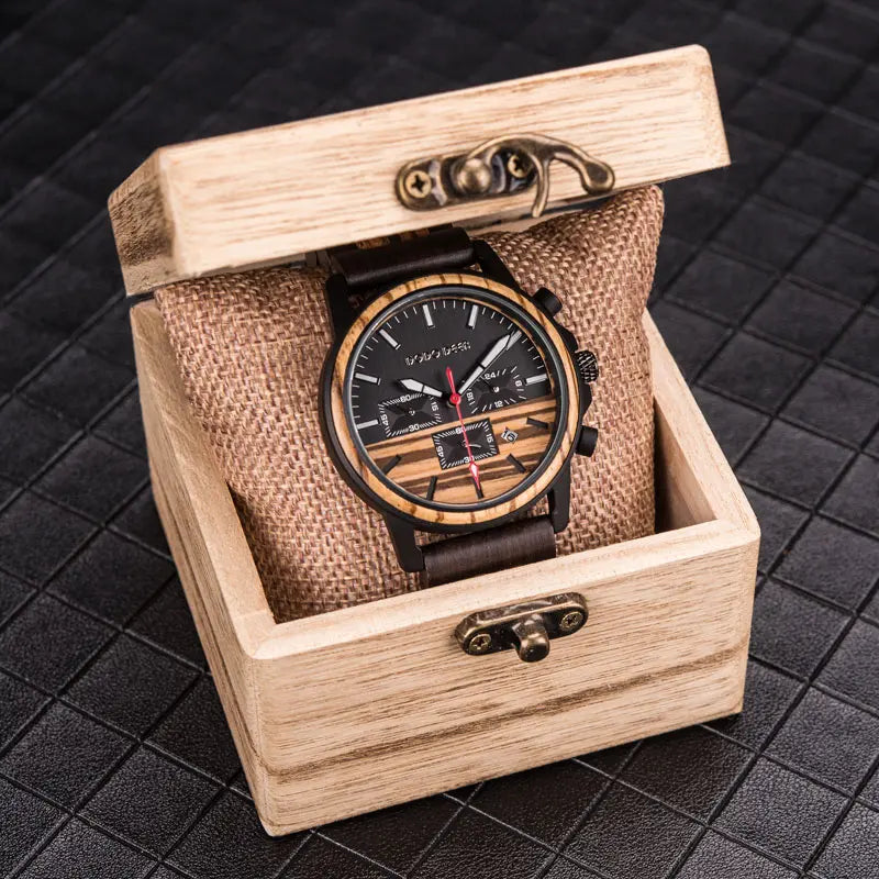 Wood Quartz Stop Watch Timer Luxury Chronograph Wristwatch Auto Date