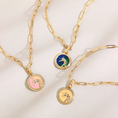 Unique Design Blue Enamel Unicorn Charm Necklace for Women Coin Pendant Link Chain Necklaces