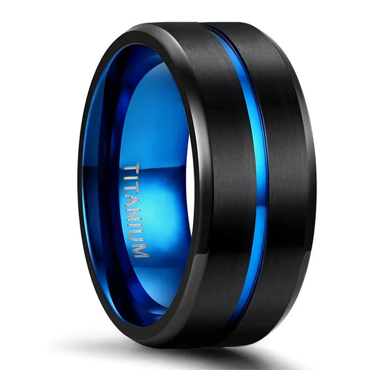 Titanium Ring 6 mm 8 mm 10 mm Blue Center Groove Wedding Ring