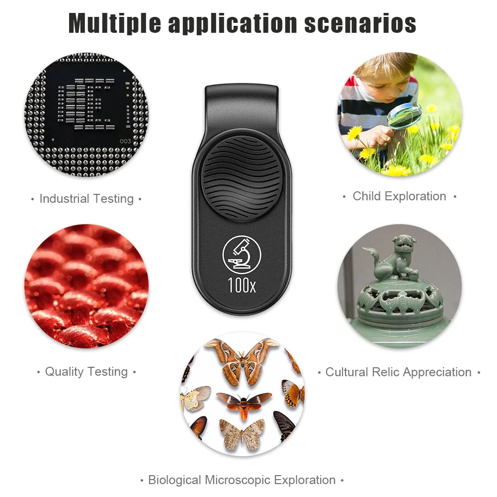 100X Smartphone Microscope Lens with LED Light Universal Clip