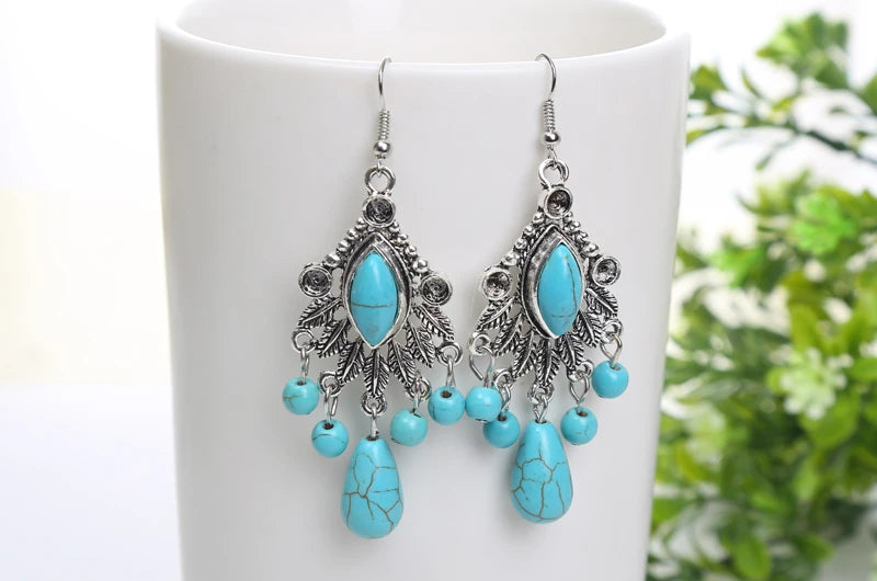 Vintage Bohemian Multiple Leaves Drop Earrings Natural Stone Beads Water Droplets Tassel Dangle Earrings