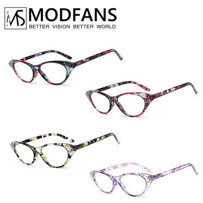 Cat Eye Reading Glasses Women Vintage Flower Print Diamond Frame Presbyopic Glasses Ladies Diopter Farsighted + 1 2 3 4