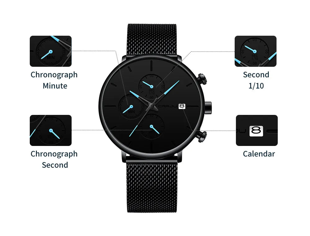 Mens Watches Luxury Sport Wrist Watch Unique Design Stainless Steel Auto Date Mesh Strap Men Fashion Casual Quartz Watches