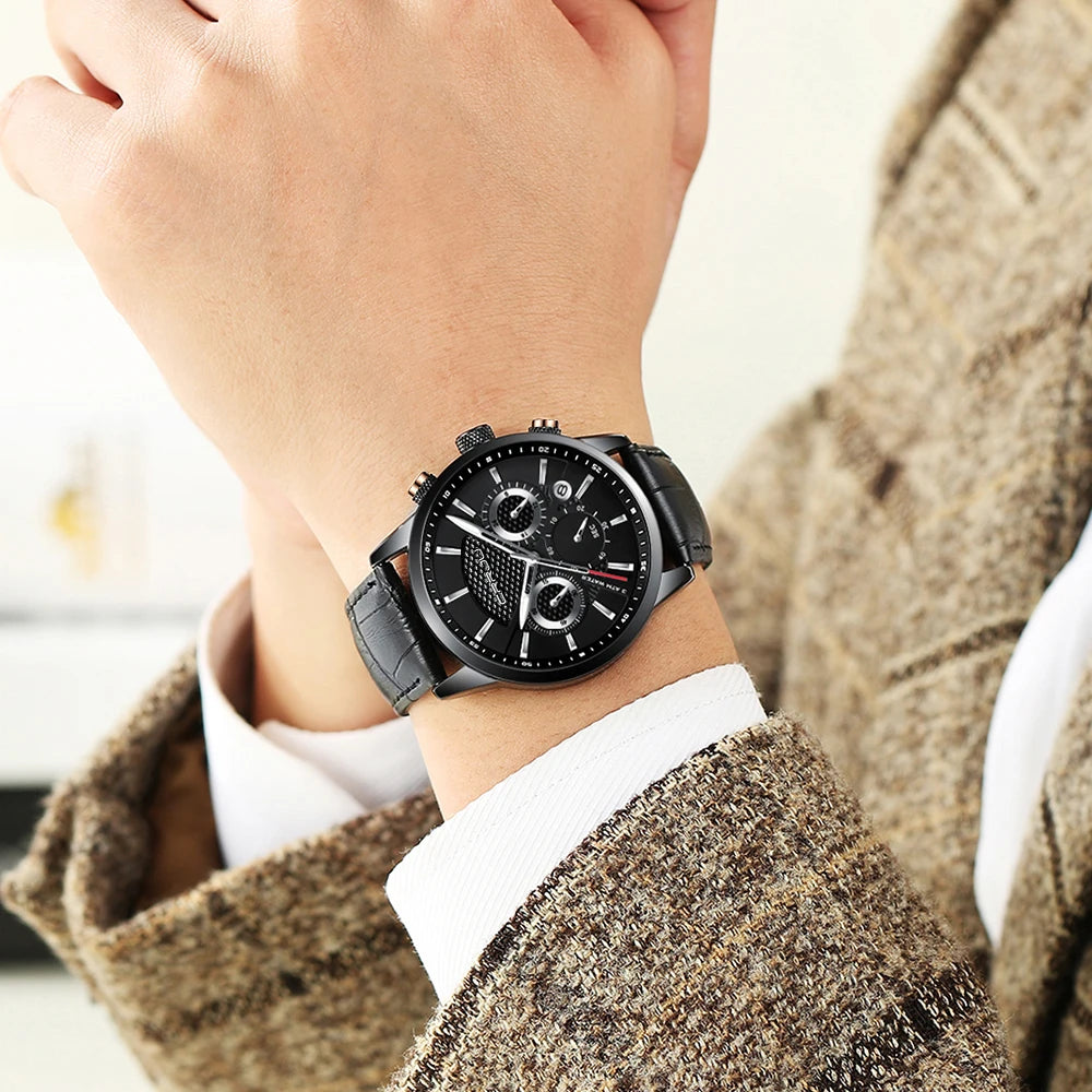 Man Watch Luxury Leather Wrist Watch Casual Chronograph Quartz Waterproof  Hot Sale Wristwatch