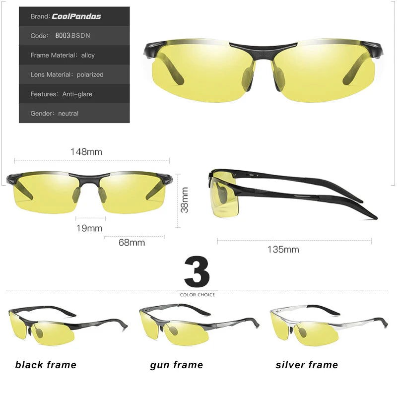 Aluminum Magnesium Photochromic Polarized Sunglasses UV400 Day Night Vision Driving Glasses for Men Women