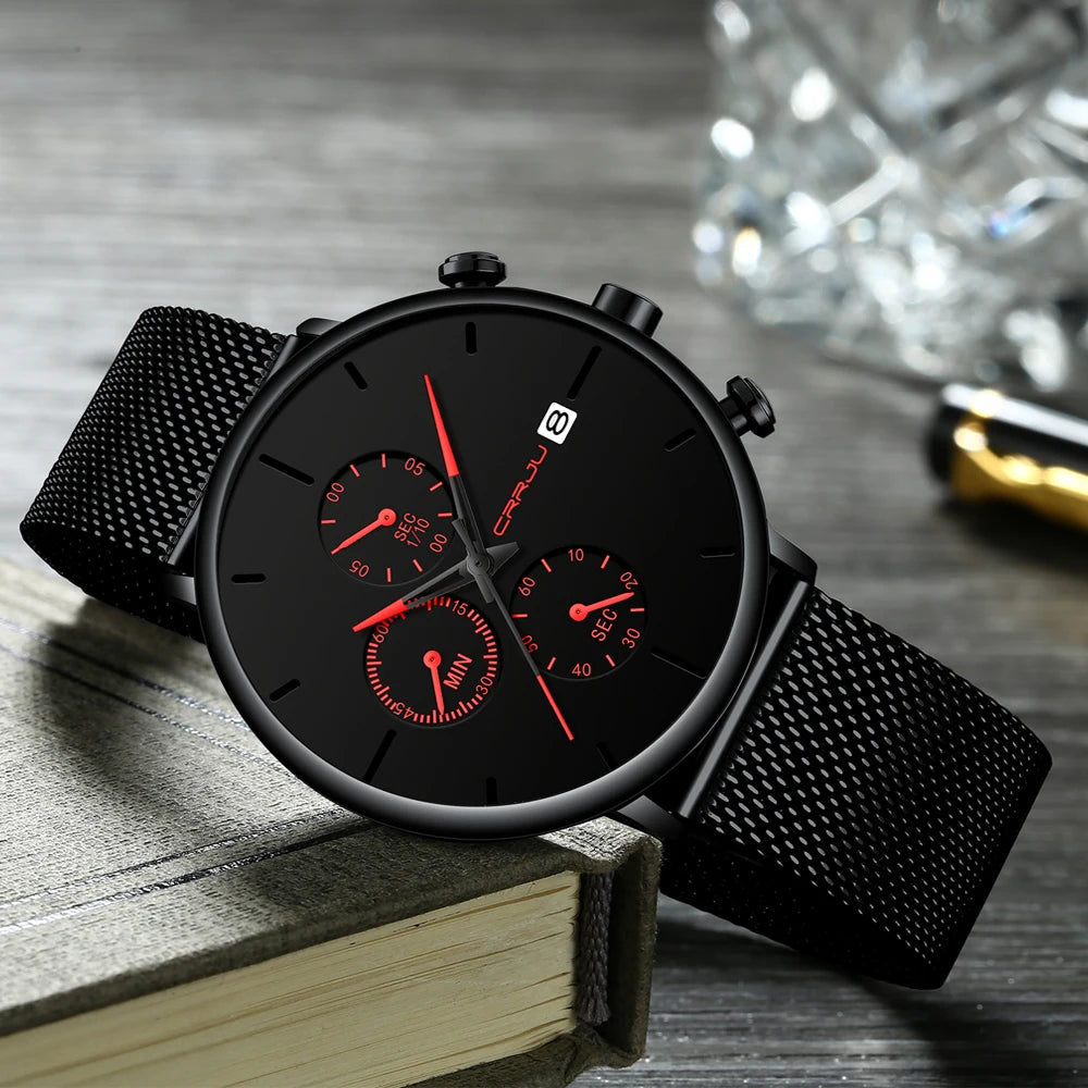 Mens Watches Luxury Sport Wrist Watch Unique Design Stainless Steel Auto Date Mesh Strap Men Fashion Casual Quartz Watches