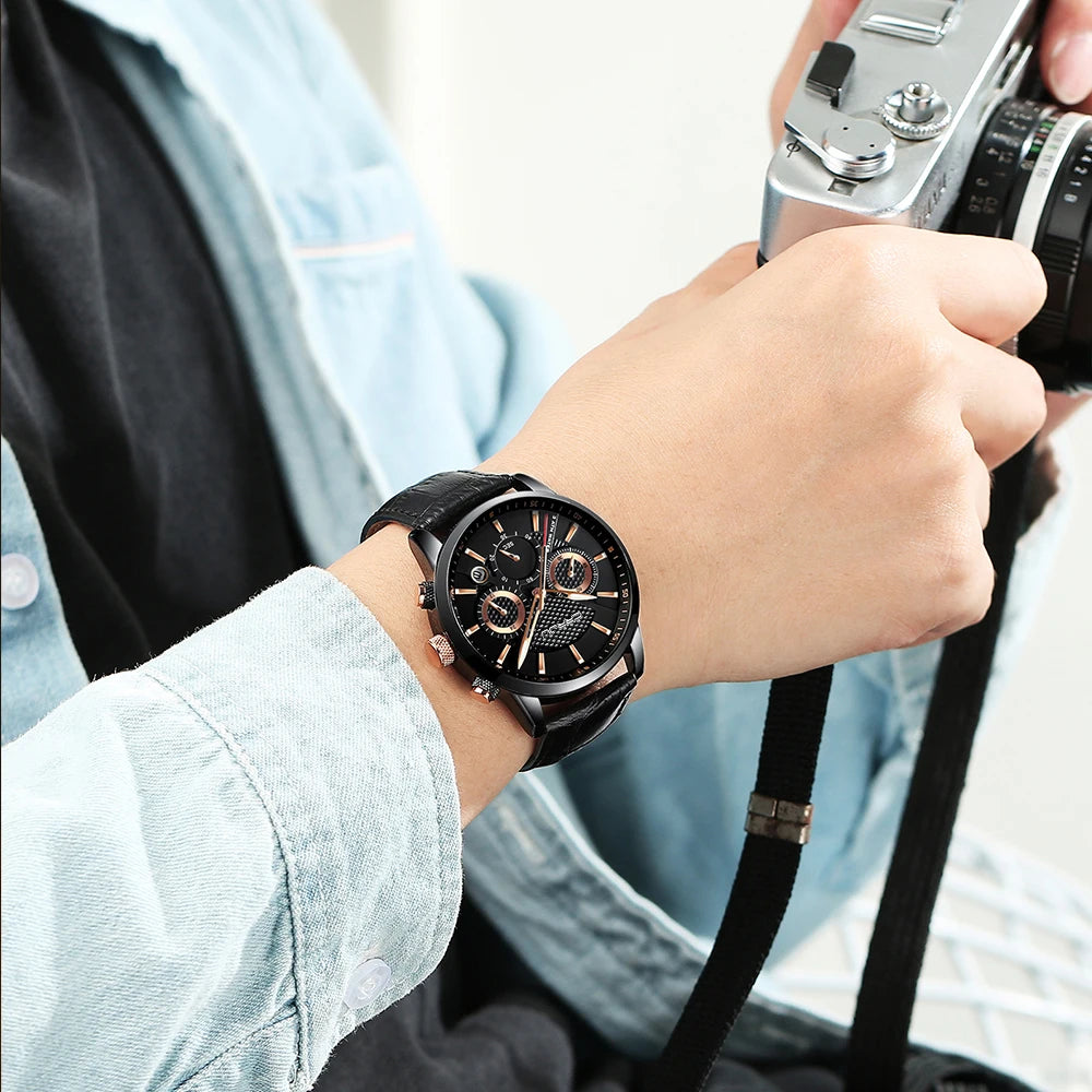 Man Watch Luxury Leather Wrist Watch Casual Chronograph Quartz Waterproof  Hot Sale Wristwatch