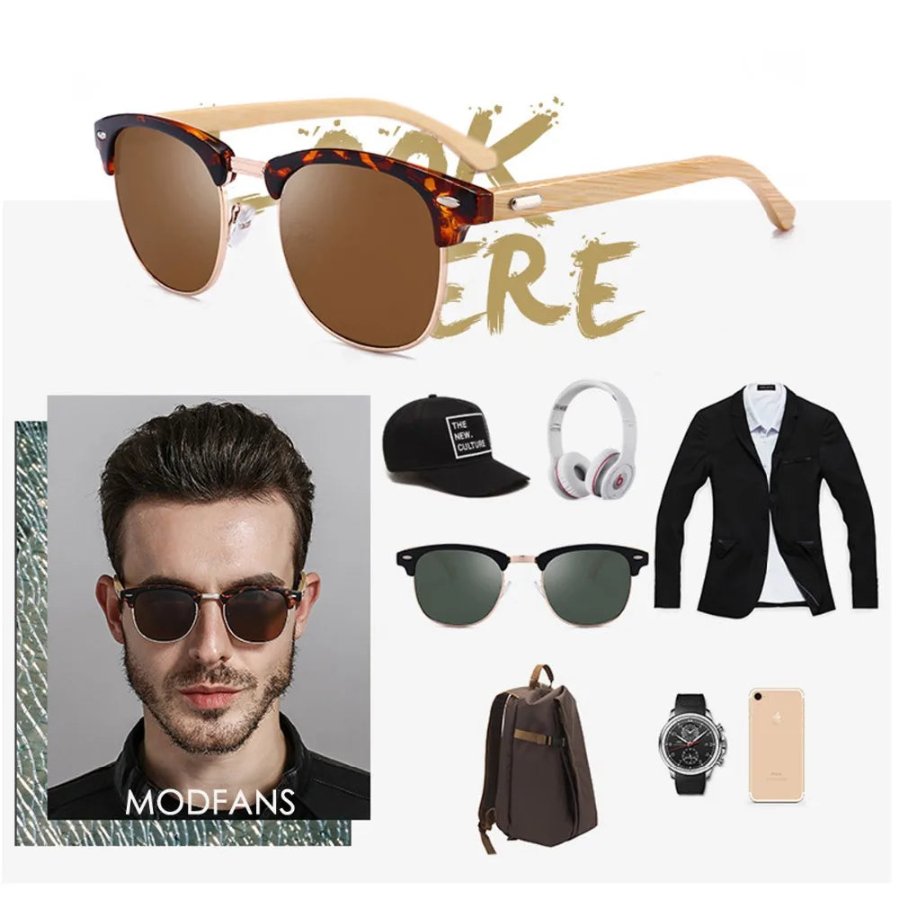 Wood Sunglasses Polarized Lens Fashion Brand Design Shades Glasses - Bamboo with Metal Frame Goggles for Male