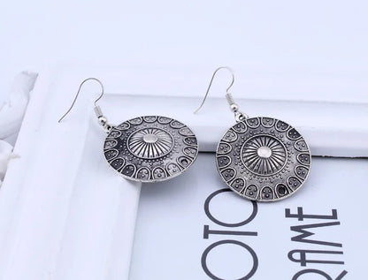 Statement Bohemian Vintage Ethnic Big Round Drop Earring Long Carved Flowers Drop Earrings For Women