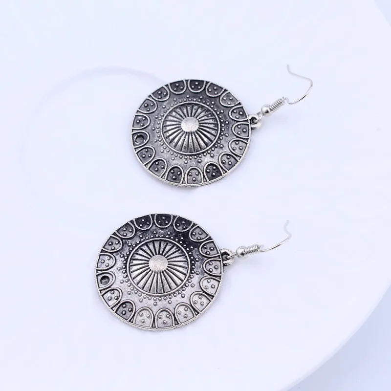 Statement Bohemian Vintage Ethnic Big Round Drop Earring Long Carved Flowers Drop Earrings For Women