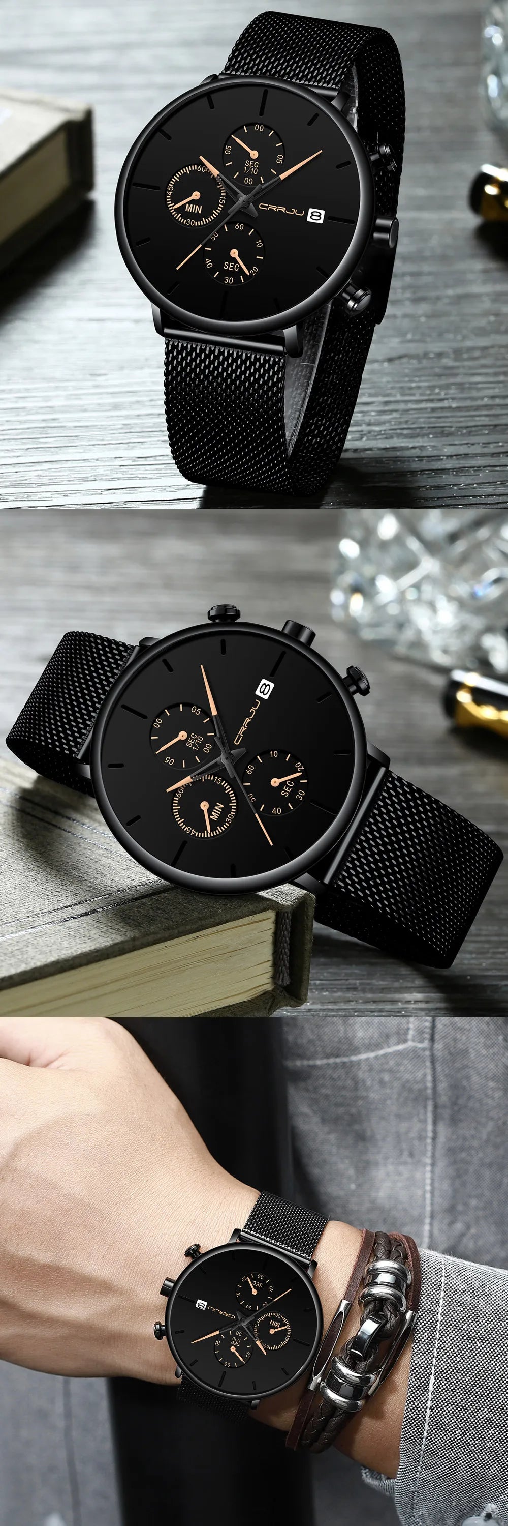 Mens Watches Luxury Sport Wrist Watch Unique Design Stainless Steel Auto Date Mesh Strap Men Fashion Casual Quartz Watches