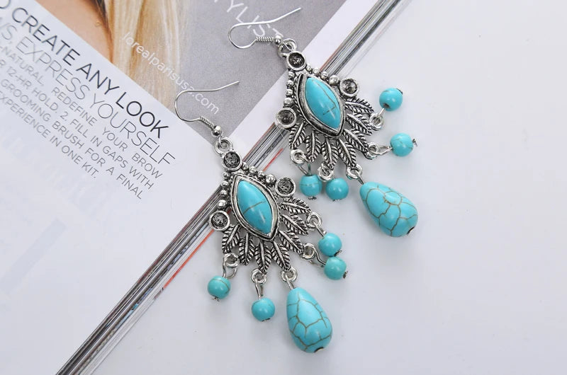 Vintage Bohemian Multiple Leaves Drop Earrings Natural Stone Beads Water Droplets Tassel Dangle Earrings