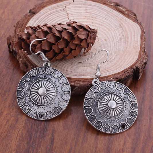 Statement Bohemian Vintage Ethnic Big Round Drop Earring Long Carved Flowers Drop Earrings For Women