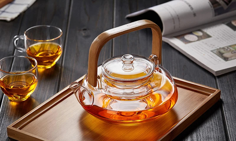 Bamboo Handle 800ml Blooming, Loose Leaf Tea Pot with Glass Strainer Safe Lid Dishwasher, Stovetop Safe Teaset Kettles