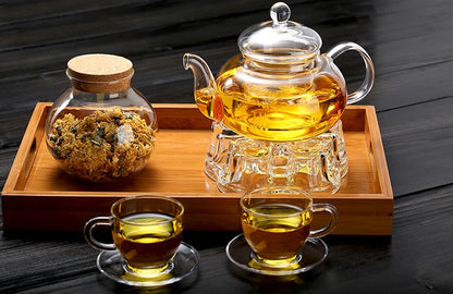 Elegant Glass Tea Set Borosilicate Glass Teapot With Cups Bamboo Tea Tray Tea Set Kettle Warmer Glass Teapot