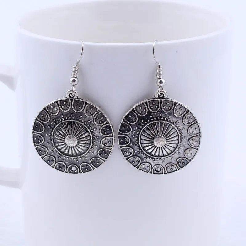 Statement Bohemian Vintage Ethnic Big Round Drop Earring Long Carved Flowers Drop Earrings For Women