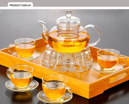 Elegant Glass Tea Set Borosilicate Glass Teapot With Cups Bamboo Tea Tray Tea Set Kettle Warmer Glass Teapot