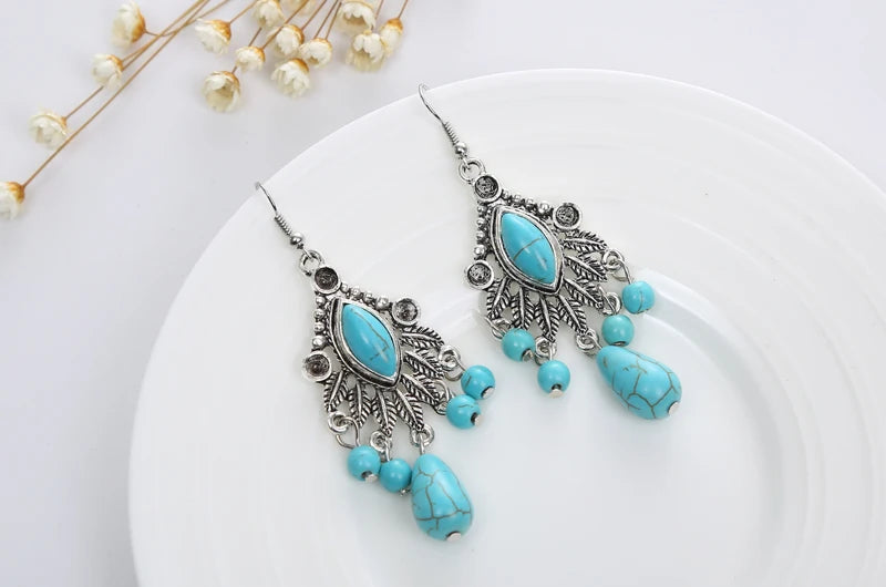 Vintage Bohemian Multiple Leaves Drop Earrings Natural Stone Beads Water Droplets Tassel Dangle Earrings