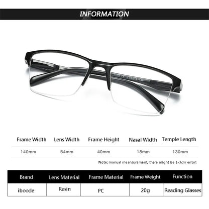 Half Frame Reading Glasses Presbyopic Eyewear Male Female Far sight Glasses Ultra Light Black with strength +75 to +400