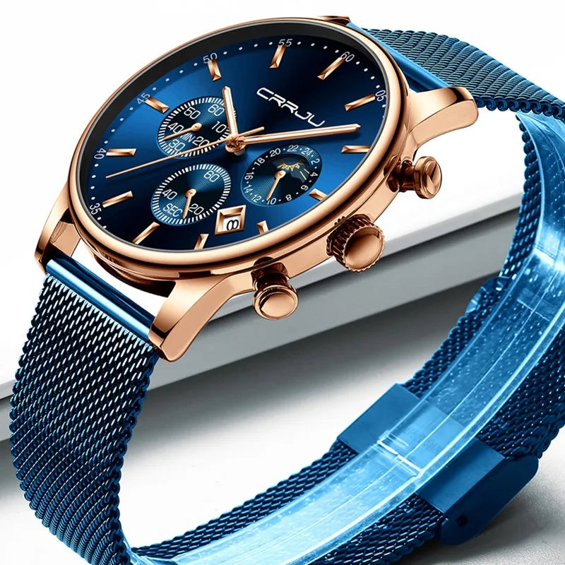 Relogio Masculino Luxury Quartz Watch for Men Blue Dial Watches Sport Watches Chronograph Clock Mesh Belt Wrist Watch