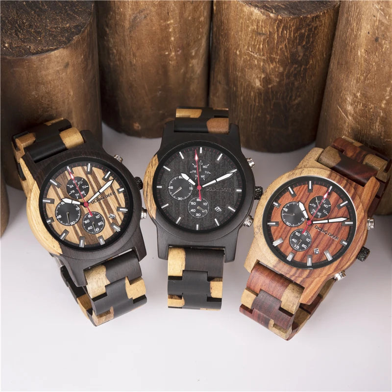 Watches Creative Business Quartz Clock Wood Timepieces Chronograph Date Week Display