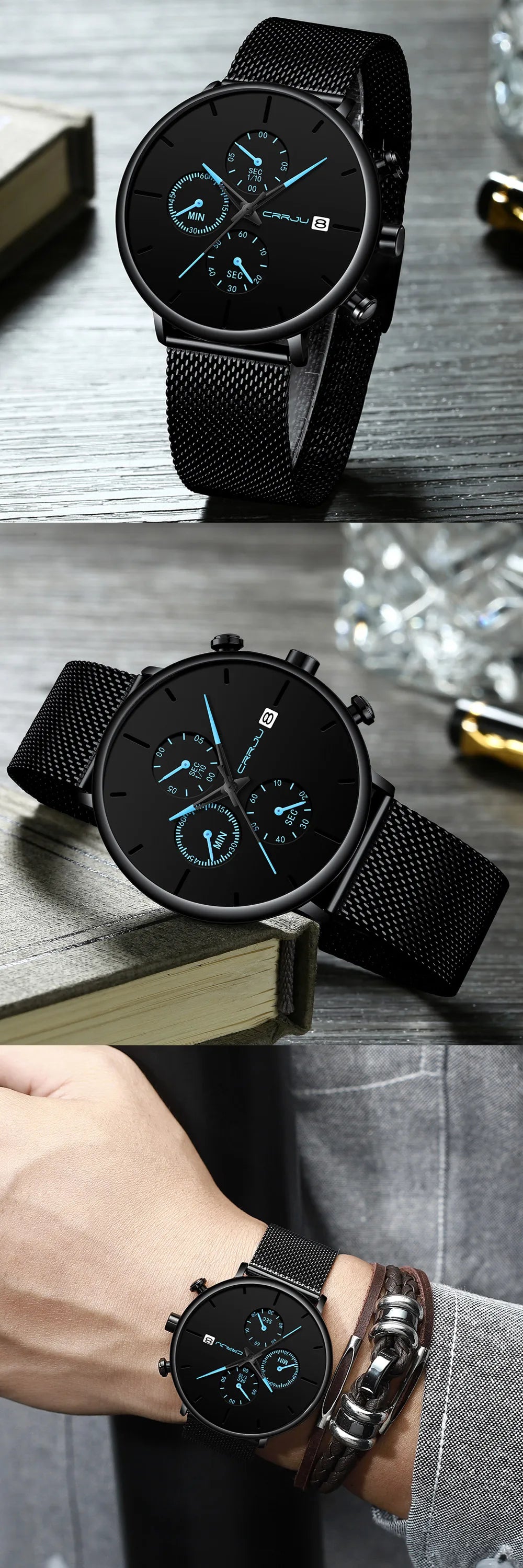 Mens Watches Luxury Sport Wrist Watch Unique Design Stainless Steel Auto Date Mesh Strap Men Fashion Casual Quartz Watches