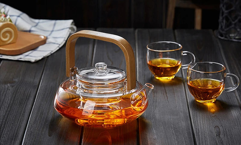 Bamboo Handle 800ml Blooming, Loose Leaf Tea Pot with Glass Strainer Safe Lid Dishwasher, Stovetop Safe Teaset Kettles