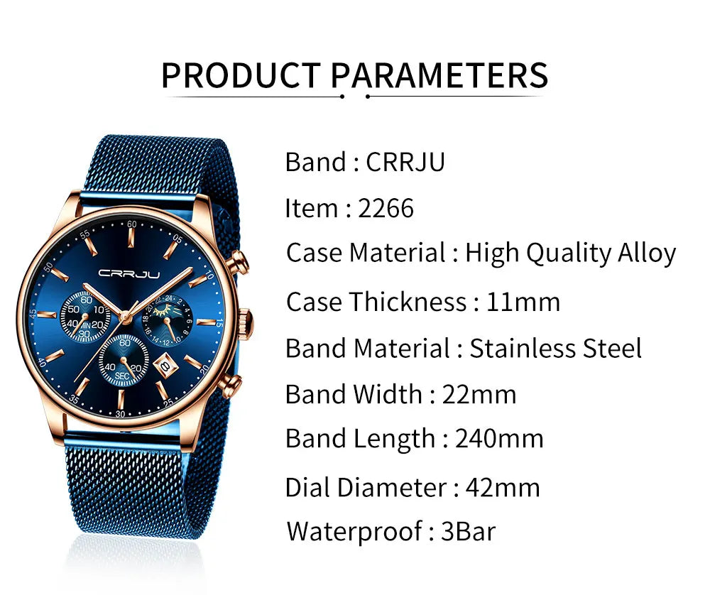 Relogio Masculino Luxury Quartz Watch for Men Blue Dial Watches Sport Watches Chronograph Clock Mesh Belt Wrist Watch