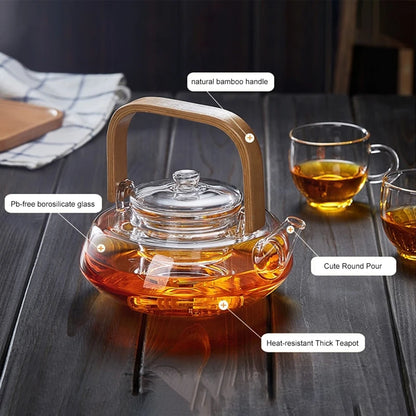 Bamboo Handle 800ml Blooming, Loose Leaf Tea Pot with Glass Strainer Safe Lid Dishwasher, Stovetop Safe Teaset Kettles