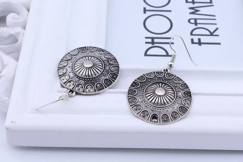 Statement Bohemian Vintage Ethnic Big Round Drop Earring Long Carved Flowers Drop Earrings For Women