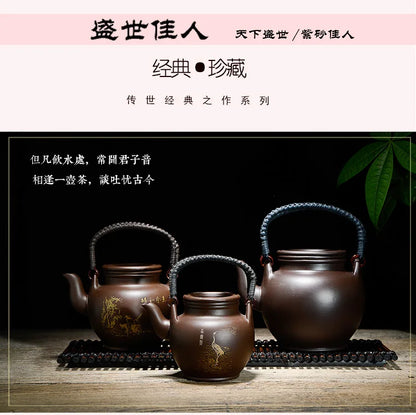 Chinese Purple Clay Tea Pot Chinese Kung Fu Large Capacity With Filter Handle Hand-painted Teapot Kettle Set