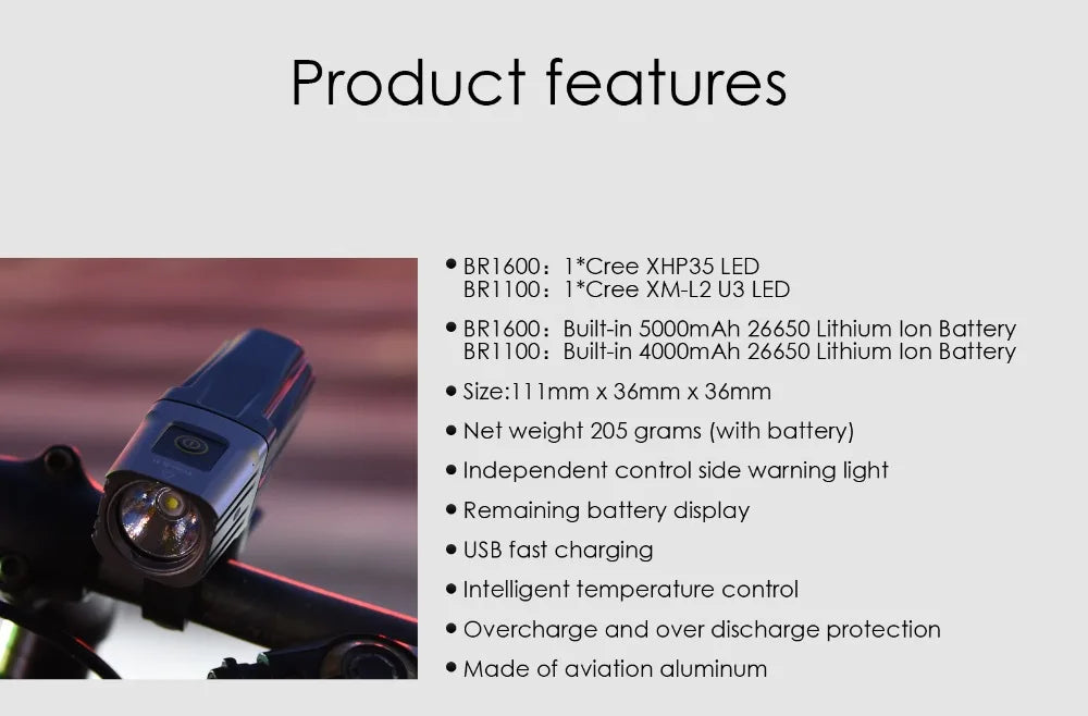 BR1600 Lumens Professional Bicycle Light Side Warning IPX6 Waterproof USB Rechargeable Bike Light Flashlight Accessories