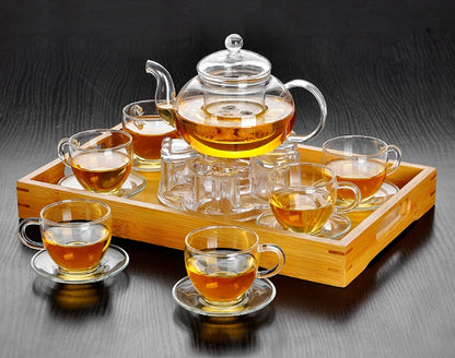 Elegant Glass Tea Set Borosilicate Glass Teapot With Cups Bamboo Tea Tray Tea Set Kettle Warmer Glass Teapot