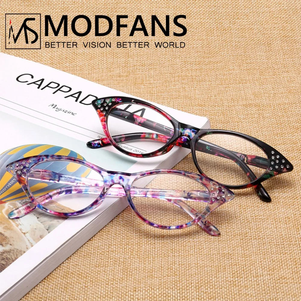 Cat Eye Reading Glasses Women Vintage Flower Print Diamond Frame Presbyopic Glasses Ladies Diopter Farsighted + 1 2 3 4