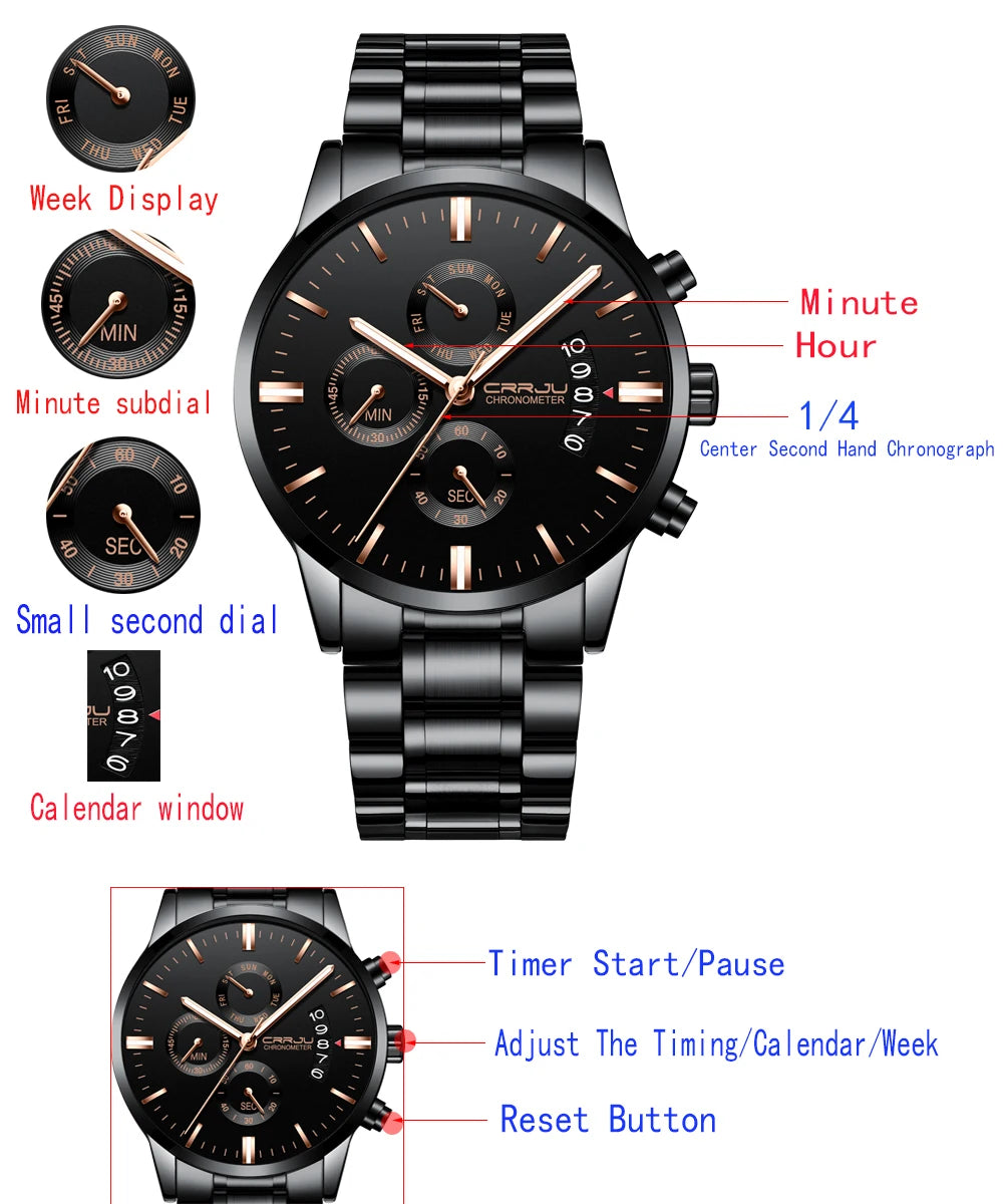 Men's Calander Waterproof Sport WristWatch with Milan strap Army Chronograph Quartz Heavy Watches Fashion male Clock