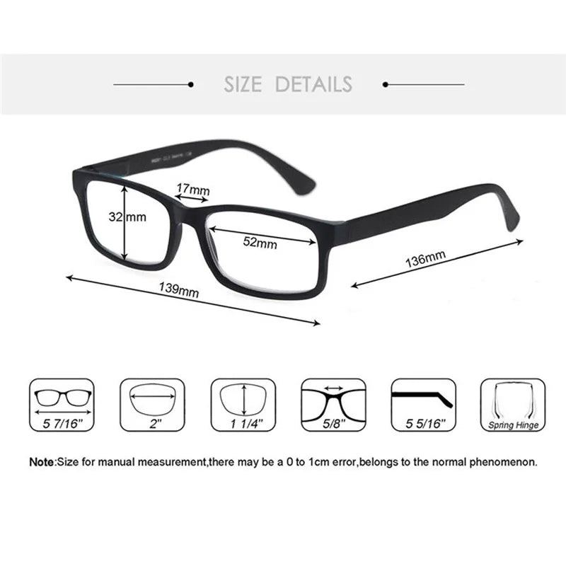 Reading Glasses Rectangle Classic Frame Readers Eyeglasses Flexible Spring Hinge with Diopter +1.0 to +4.0