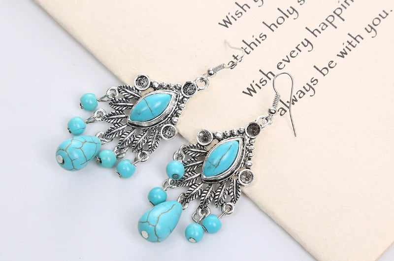 Vintage Bohemian Multiple Leaves Drop Earrings Natural Stone Beads Water Droplets Tassel Dangle Earrings