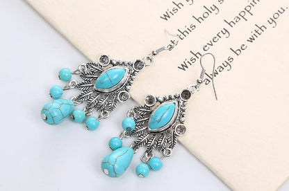 Vintage Bohemian Multiple Leaves Drop Earrings Natural Stone Beads Water Droplets Tassel Dangle Earrings