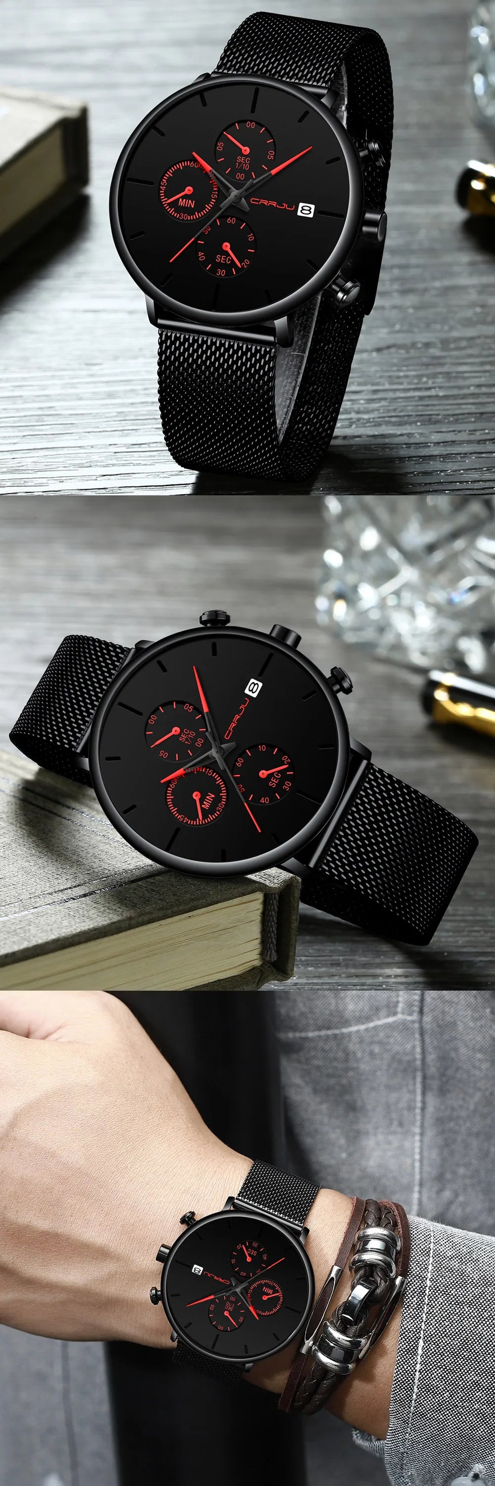Mens Watches Luxury Sport Wrist Watch Unique Design Stainless Steel Auto Date Mesh Strap Men Fashion Casual Quartz Watches