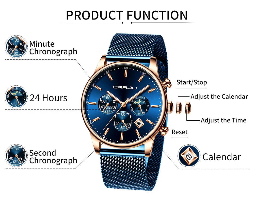 Relogio Masculino Luxury Quartz Watch for Men Blue Dial Watches Sport Watches Chronograph Clock Mesh Belt Wrist Watch