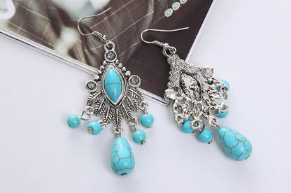 Vintage Bohemian Multiple Leaves Drop Earrings Natural Stone Beads Water Droplets Tassel Dangle Earrings